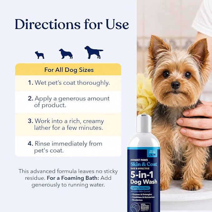 Honest Paws Dog Shampoo and Conditioner - Premium Dog Wash for Allergies Dry, Itchy, Moisturizing for Sensitive Skin - Sulfate Free Plant Based All Natural - Lightly Scented w/Odor Control -16 Fl Oz