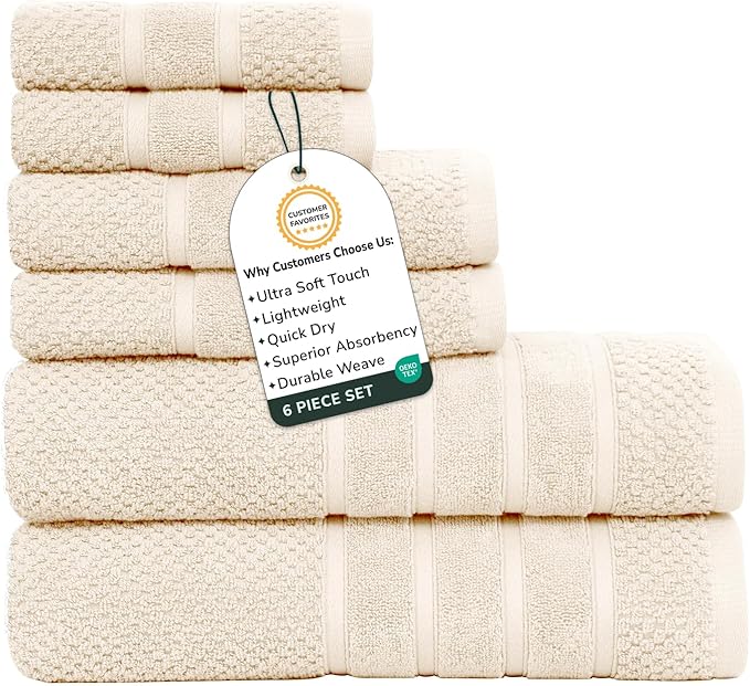 Feather & Stitch 100% Cotton 625 GSM Bath Towel Set of 6, Ultra Soft Highly Absorbent 2 Bath Towels, 2 Hand Towels & 2 Washcloth - Luxury Quick Dry Shower Towels (Ivory)