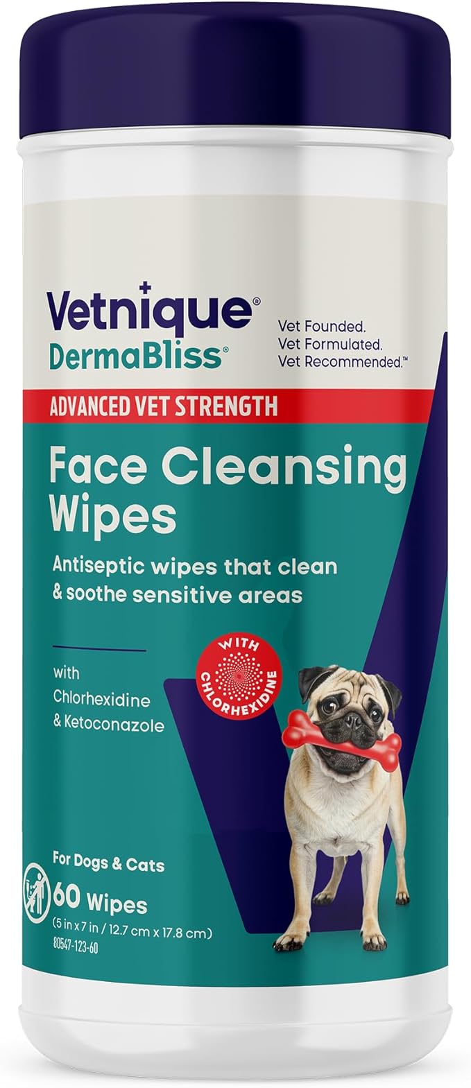 Vetnique Dermabliss Dog Wipes, Fragrance-Free Face Wrinkle & Skin Fold Care, 60ct | Medicated Chlorhexidine & Ketoconazole Dog Grooming, Face & Paw Wipes for Bulldog Wrinkles & Folds; Gentle Daily, Cat-Safe
