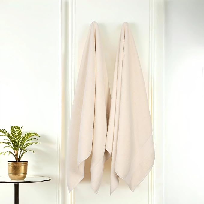 Superior Belmont Zero Twist Cotton Medium Weight Bath Sheets, for Guest Bath, Bathroom, Shower, Spa, Plush, Quick Dry, Ultra-Soft Towels, Essentials, Thick Border, Oversized Towels, Set of 2, Ivory