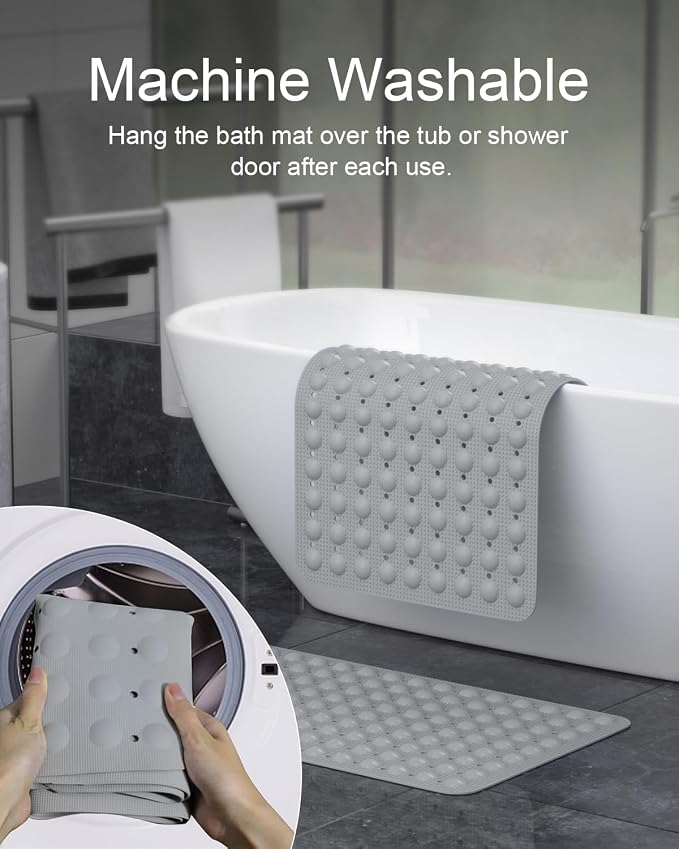 Bath Mat for Tub Shower Mat Non Slip Kids Rubber Shower Tub Mat, 100% Natural Rubber no Plastic Odors Perfect for Baby and Elder, Strong Suction Cups, Textured Mat Surface, 28 X 16 inches, Grey