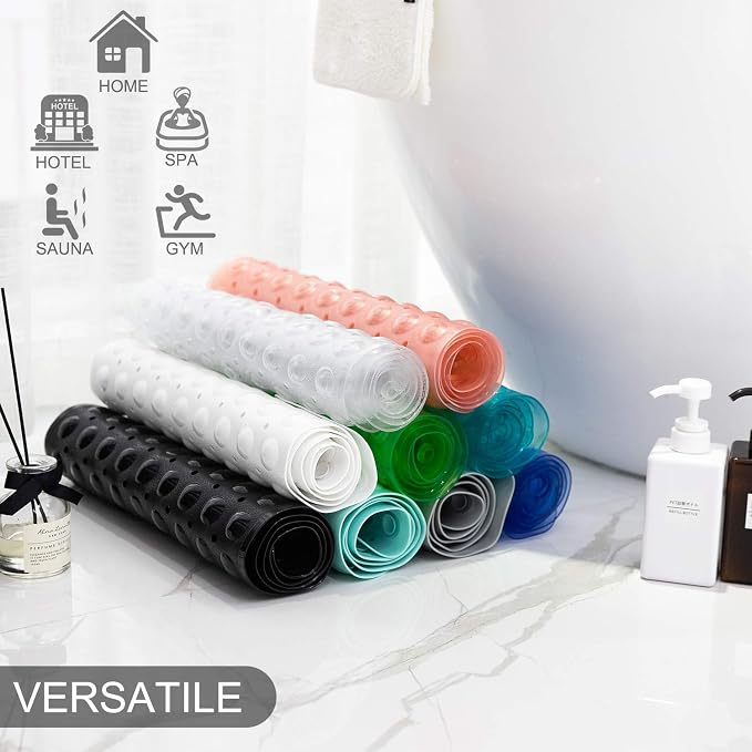 TEESHLY Bathtub Mats for Shower Tub, Extra Long Non-Slip 39 x 16 Inch Bath Mat with Drain Holes and Suction Cups, BathMat for Bathroom with Machine Washable (Clear)