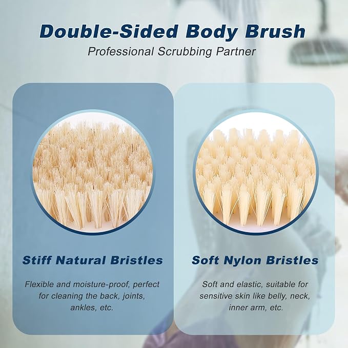 Long Handle Ergonomically Back Scrubber/Brush for Shower, Double Sided Exfoliating Body Scrubber for Women and Men (Blue) (Black (2-Pack))