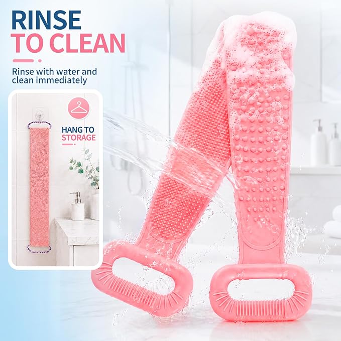 Manmihealth Silicone Back Scrubber for Shower & African Net Sponge Net Set, 36'' Dual-Sided Back Washer & African Long Bath Sponge, Extendable Long Silicone Body Brush (Pink+Pink)