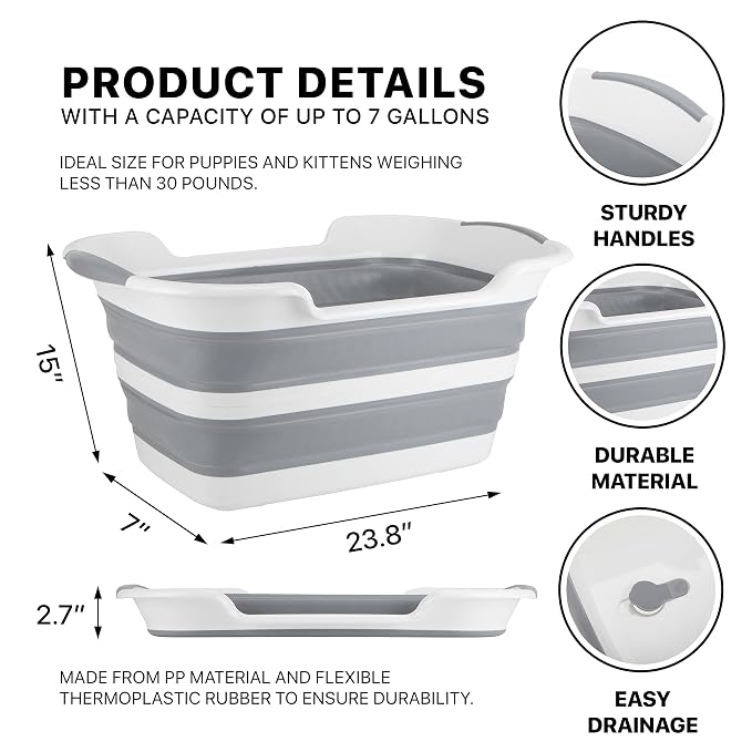 Collapsible Pet Bathtub with Water Drainage Hole and Plug - Foldable Plastic Basket, Wash Basin, Washing Station for Small Dogs Cats, Space Saving, Organizer, Bucket, Bin, Storage