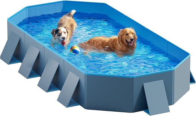 Peteast Foldable Dog Pool with Sturdy Square Design, Durable 82" Lx46 Wx12 D Extra Large Portable Pet Bathtub with Reinforced Sidewalls for Stability, Ideal for Indoor & Outdoor Use (Blue&Dark Gray)