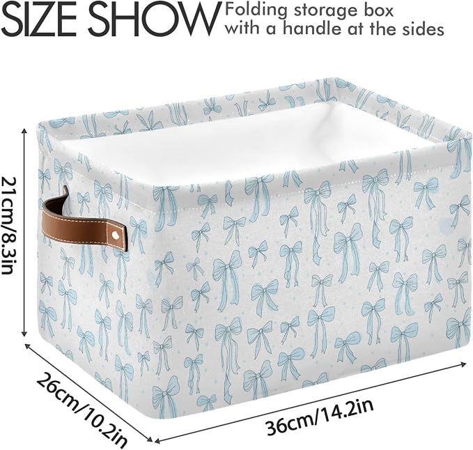 Wamika Bow Blue Storage Basket with Waterproof Liner and PU Handles Bowknot Cute White Storage Bins Boxes 14.2" Collapsible Decorative Organizer Baskets for Bedroom Closet Office 1 Pack