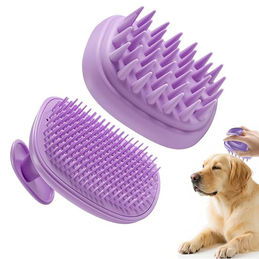 2-in-1 Dog Bath Brush for Grooming & Massage - Pet Silicone Brush for Long & Short Haired Dogs and Cats, Dog Scrubber for Bath, Rubber Curry Brush, Use Wet as Bath Brush or Dry for Grooming-Purple