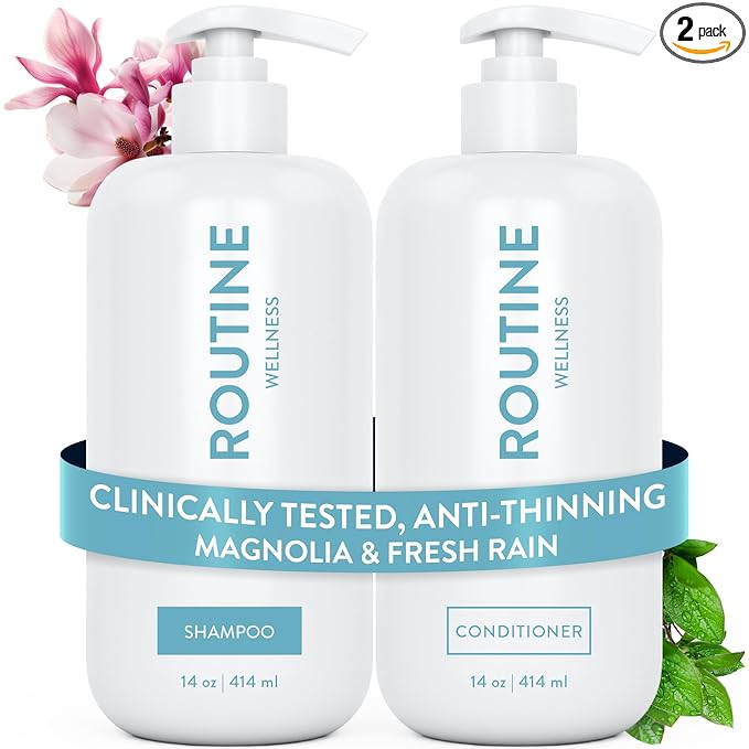 Routine Wellness Shampoo & Conditioner Set - Magnolia & Fresh Rain | Clinically tested shampoo for thinning hair with biotin, pea peptides, saw palmetto oil, color safe, sulfate free