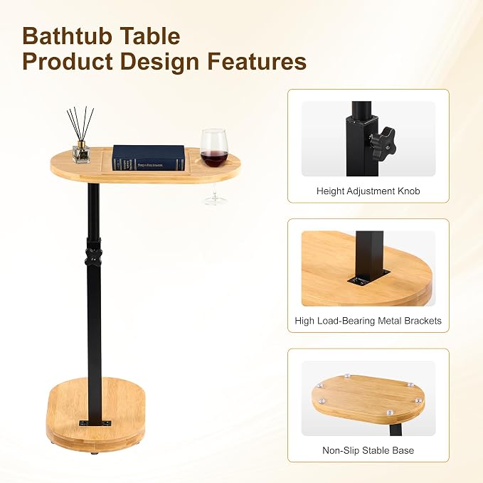 Bamboo Bathtub Side Table, 360° Swivel Height Adjustable Freestanding Bath Caddy Tray Organizer with 5 Storage, Luxury Home Spa Bathroom Essential (Natural)