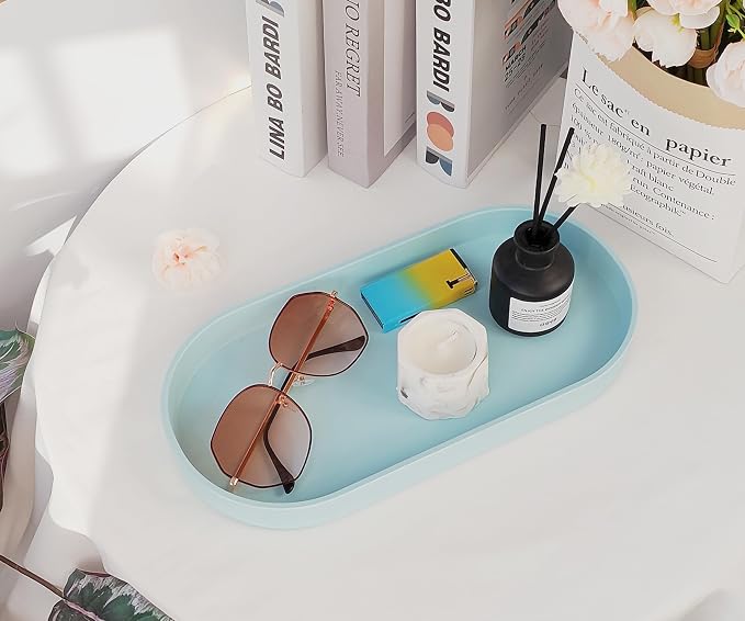 Blue Small Tray (11.8 inch), Oval Tray, Countertop Organizer | for Kitchen Counter, Bathtub Bathroom Vanity Items, Coffee Accessory, Bar, Serving Seasoning, Salt and Pepper, Soap, Perfume.