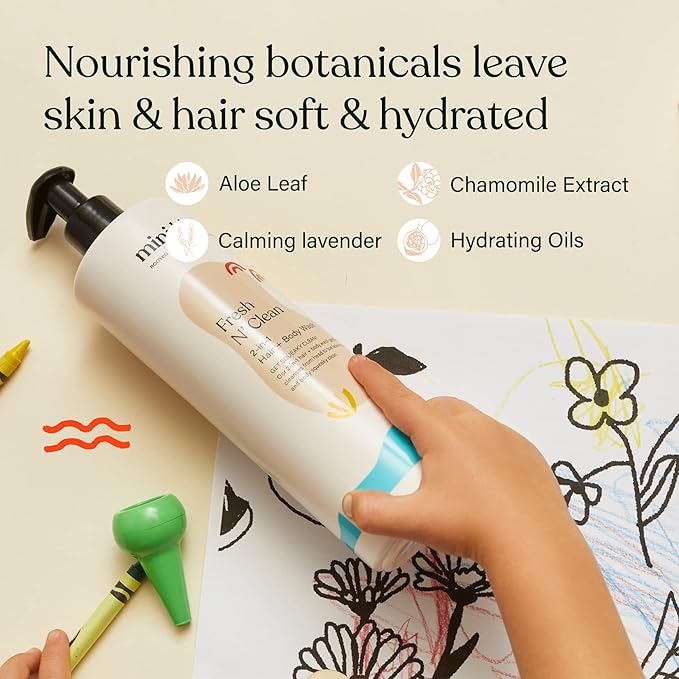 Mini Bloom Fresh N’ Clean 2-in-1 Hair + Body Wash | Shampoo Sulfate-Free | Baby & Kid Safe | Gently Cleanses Head to Toe w/Aloe leaf, Chamomile extract, Lavender & Botanicals 16.6 oz