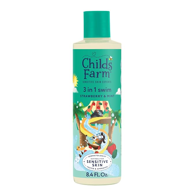 Childs Farm, Kids 3 in 1 Swim, Strawberry and Organic Mint, Body Wash, Shampoo and Conditioner, Suitable for Dry, Sensitive and Eczema-Prone Skin, 8.4 Fl Oz