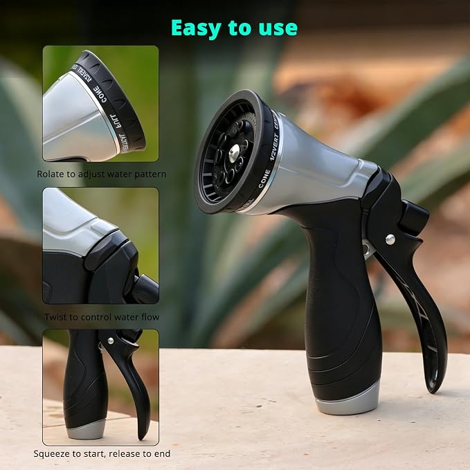 QUOBAS Metal Garden Hose Nozzle, Heavy Duty Water Hose Sprayer, Leak Proof | 10 Pattern Water Nozzle with Rubber Gasket, Garden Sprayer for Watering Plants, Washing Cars, Pet Shower, Black, 2-Pack