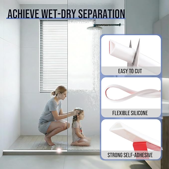 Shower Threshold Water Dam Guard- (39 Inch) Collapsible Silicone Barrier for Walk-in Showers - Self-Adhesive Bathroom Floor Water Stopper for Wet/Dry Separation - White