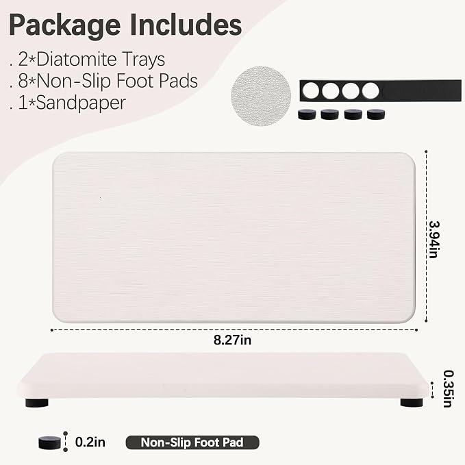 NiuYichee 2 Pcs Water Absorbing Stone Trays, Kitchen/Bathroom Sink Soap Dish, Diatomite Tray Used for Hand Soap & Cosmetic Bottles in The Modern Home, 4" W x 8.3" L, White