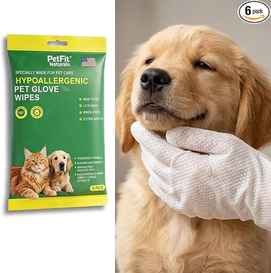 No Rinse Dog Bath Wipes & Cat Grooming Gloves, Extra Thick Waterless Pet Cleaning Mitts for Post-Surgery Recovery, Senior Dogs & Travel, Hypoallergenic Deodorizing - 6 Pack