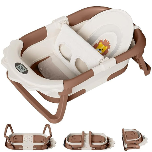 TPN Collapsible Baby Bathtub for Infants to Toddler with Real-time Temp Monitor+Floating Cushion 1 (Brown, Little Lion)