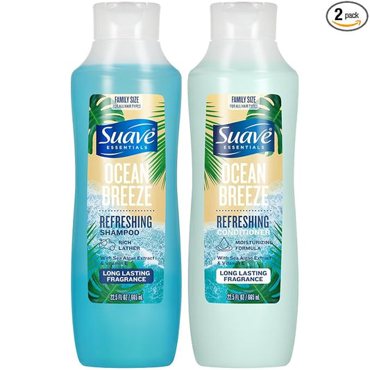Suave Shampoo & Conditioner Set, Ocean Breeze – Everyday Refreshing Formulas with Sea Algae Extract & Vitamin E, 22.5 Oz Ea (2 Piece Set)