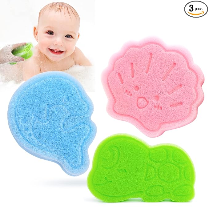 Baby Bath Sponge, Natural Cute Shapes Soft Shower Sponges for Bathing, Bathtub Foam for Infants and Toddler, 3pcs : Blue Dolphin, Pink Shell, Green Turtle