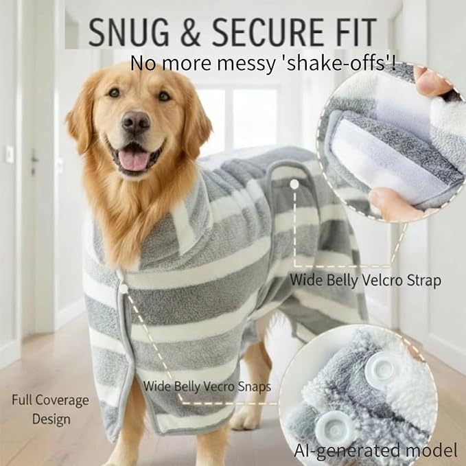 Cat Bathrobe Super Absorbent Drying Towel Full Wrap Quick Dry Pet Robe for Large Medium Small Dogs Adjustable Grooming Coat for After Bathing Swimming & Rainy Day (Gray & White Stripes,Large)