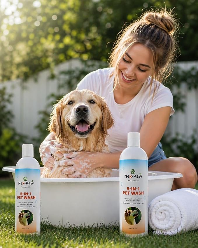 NEX-PAW 5-in-1 Dog Shampoo & Conditioner – Deodorizing, Cleaning, Moisturizing & Detangling Pet Wash for Dogs & Puppies – Gentle Formula – 16 oz