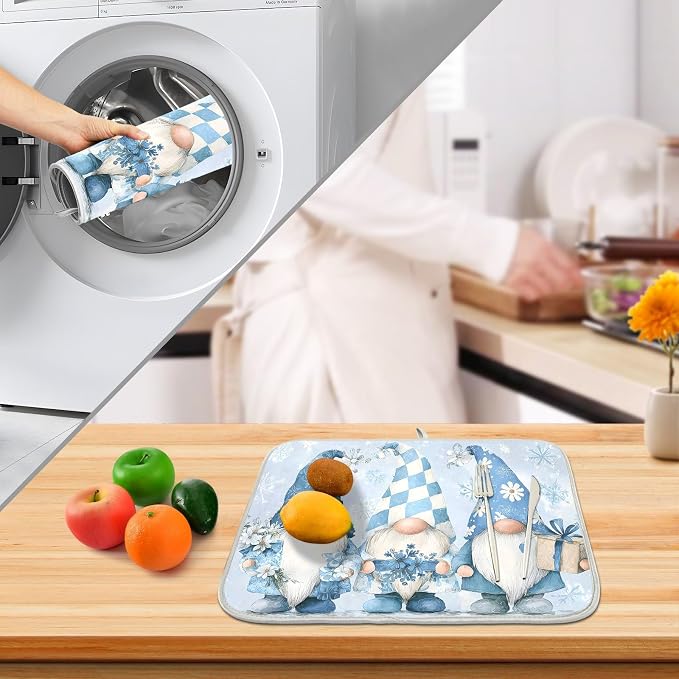 Three Blue Gnomes Dish Drying Mat, Absorbent Drainer Mats for Kitchen Counter Coffee Maker 18"x16"