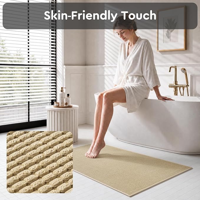 tchdio Bathroom Runner Rug, Absorbent Washable Thin Bath Mat, Non Slip Quick Dry Bath Rugs with Solid Rubber Backing, Low Profile Bath Mat, Beige, 24" x 48"
