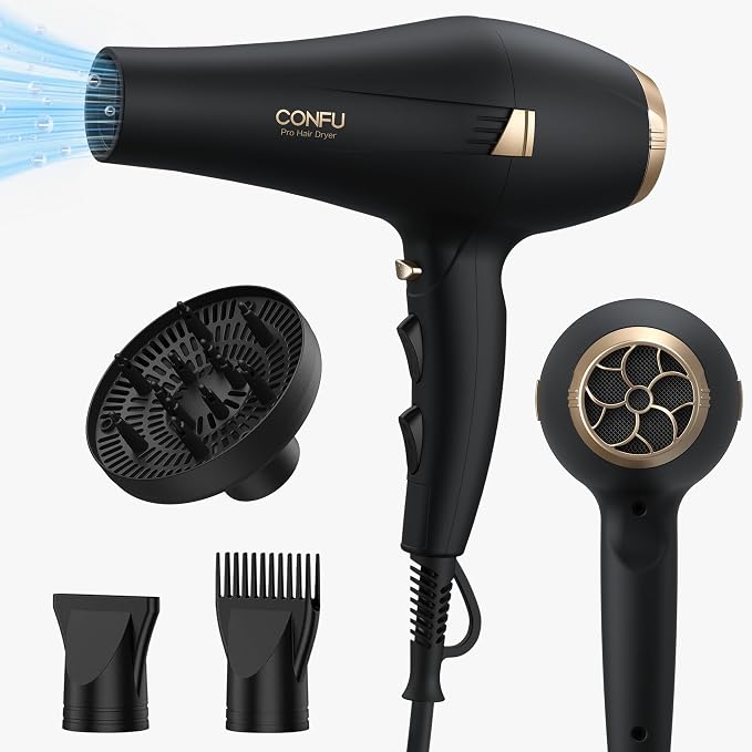 CONFU Hair Dryer Professional Hairdryer - Ionic Blow Dryer 5X Fast Drying | 1875 watt AC motor, 3 heat 2 speed 1 cold button, Blowdryers with comb, diffuser for long thick, curly hair, Low noise, Salon