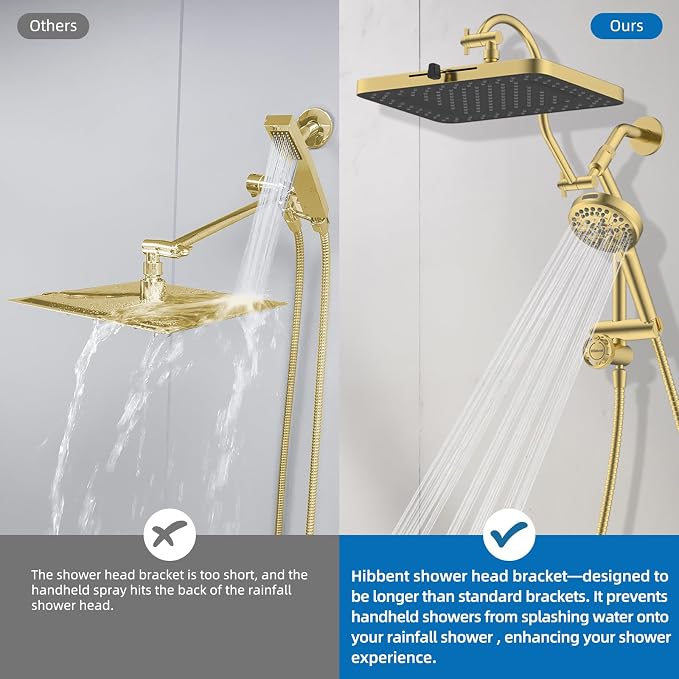 Hibbent cUPC Certified 13'' Shower Head Combo, High Pressure 5 Spray Rainfall Showerhead, 10 Spray Handheld, All Metal Easy Reach 4-way Diverter Arm with Pause Mode, 71'' Hose and Holder, Brushed Gold
