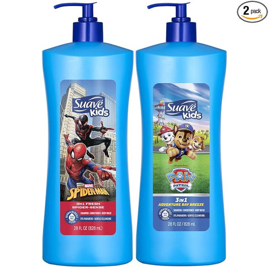 Suave Kids 3-in-1 Variety 2-Pack – Spiderman Fresh Spider-Sense & Paw Patrol Adventure Bay Breeze, Shampoo, Conditioner & Body Wash, 28 Oz Ea