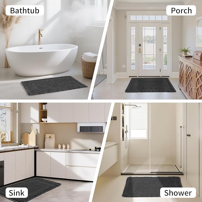 Waffle Bath Mat - Super Water Absorbing Bath Mat Quick Dry, Bathroom Rugs Non Slip Washable with Tassels, Rubber Backed Bathroom Mat for Bathroom Floor, Tub and Shower, 24" x 36", Black