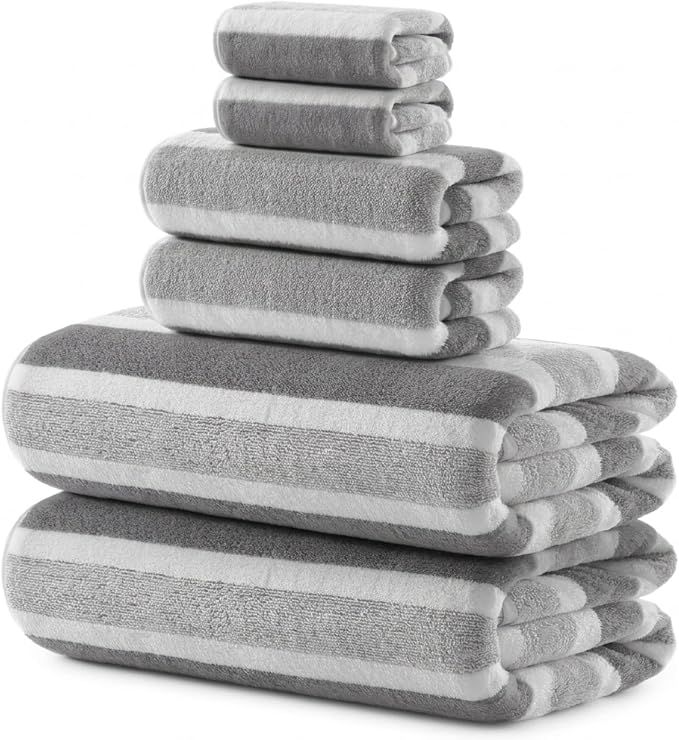 6 Pcs Oversized Bath Towels for Adults 35x70 Inches Gray & White Striped Extra Large Bath Towel Sets Bathroom Sheets Jumbo Shower Towels Quick Dry Absorbent Soft Microfiber for Women Men