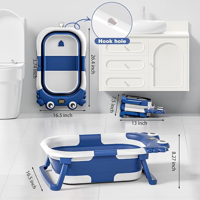 Collapsible Baby Bathtub for Newborns with Thermometer and Soft Floating Cushion Portable and Foldable Travel Baby Boy Bath Tub for Infants to Toddler 0-36 Month (Navyblue)