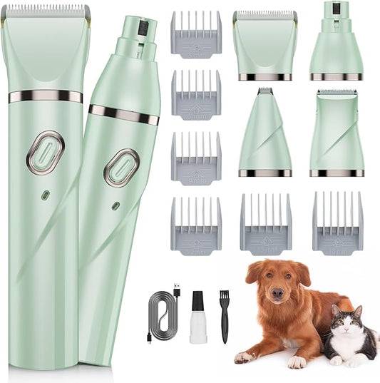 Lanumi 4 in 1 Dog Pet Clipper Trimmer Set Rechargeable Paw Trimmer Low Noise Nail Grinder Dog Cat Shaver for Grooming Paws, Face,Matted Hair