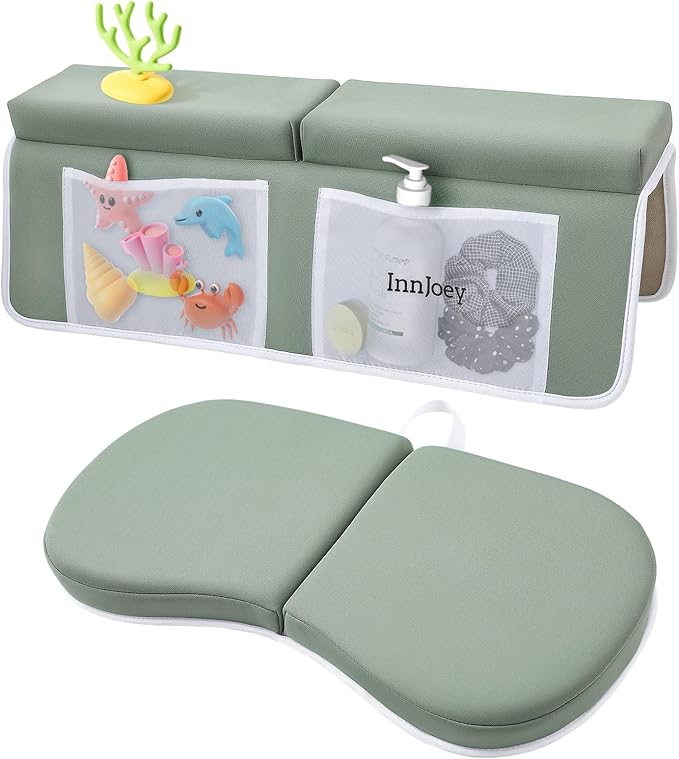 Kneeler and Elbow Rest Pad Set, 1.6'' Extra Thick Bath Support for Knees and Elbows, Memory Foam Bath Mat with Toy Organizer Pockets, Quick-Dry Kneeling Pad for Bathing Green