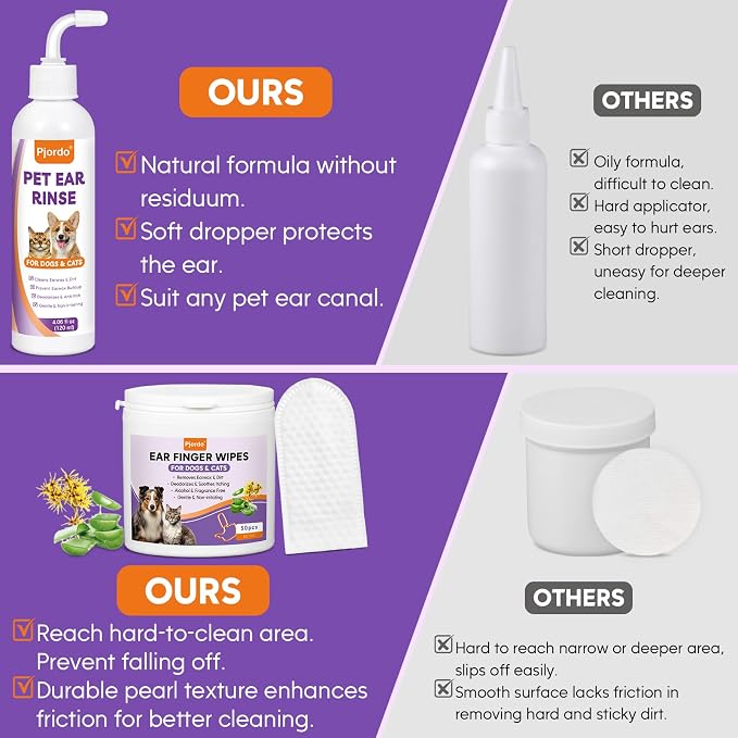 Pjordo Pet Ear Cleaner Set - Dog Ear Cleaner with Aloe Vera & Witch Hazel, Dog & Cat Ear Cleaner Solution for Soothing Ear Itching & Deodorize, Ear Wipes for Dogs & Cat Gently Removing Ear Wax & Dirt