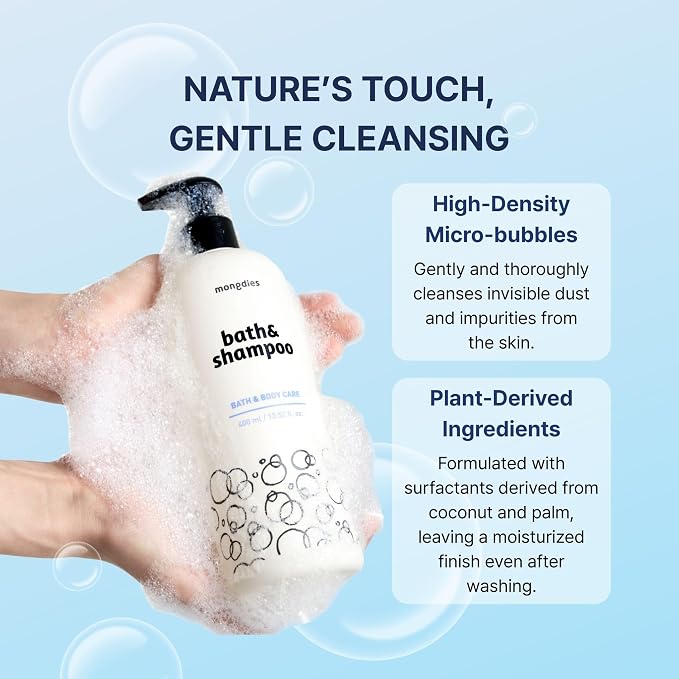 mongdies Baby Bath & Shampoo | Head-to-Toe All-in-One Gentle Wash | Tear-Free & pH Balanced Formula | 6-Layer Ceramide for Moisture Retention | Vegan & Dermatologist Tested | 13.52 fl. oz