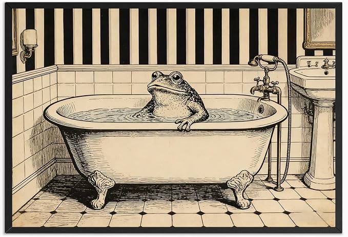 Vintage Frog in Bathtub Bathroom Wall Art Whimsical Toad Clawfoot Tub Poster Antique Striped Bathroom Illustration Print Aesthetic Wall Decor for Powder Room Apartment 24X36 in Black Framed