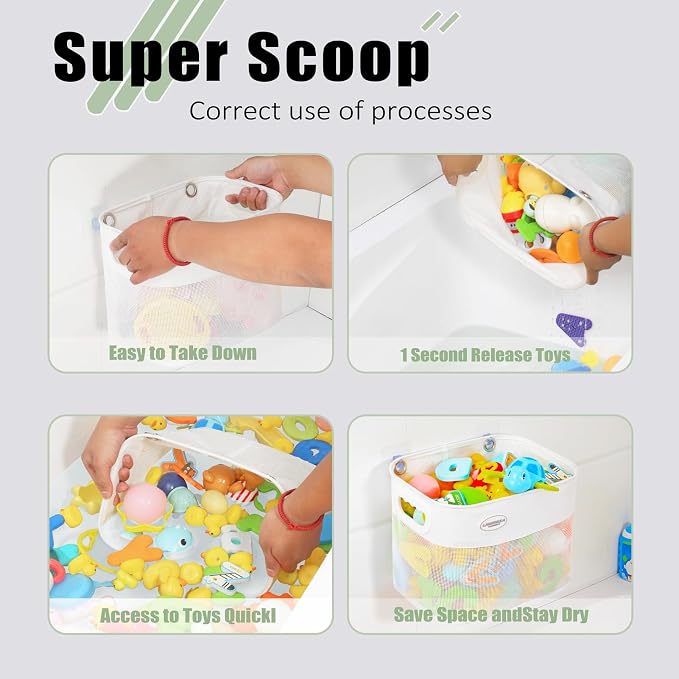 Ligereza Quick Scoop Baby Mesh Bath Toy Storage, 2x Capacity & Large Opening Bath Toy Organizer Baby Bath Gift Bathtub Toy Holder, Toy Storage For Toddlers (White)