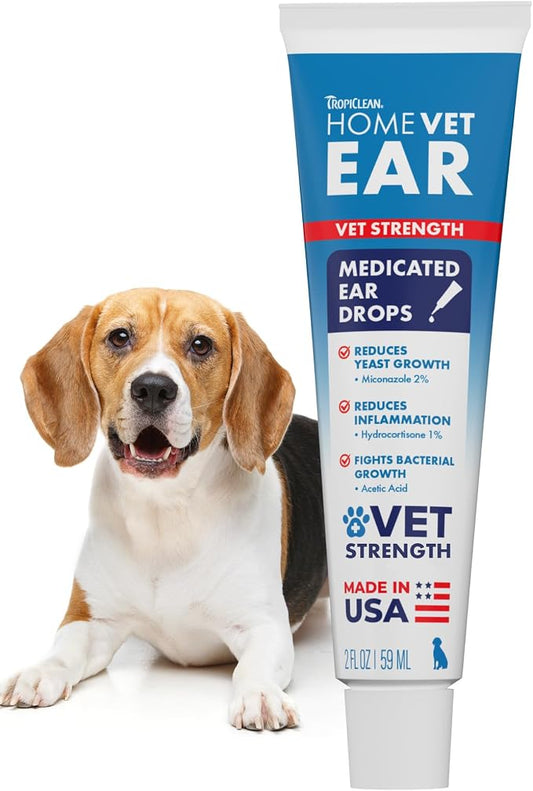 TropiClean HomeVet Medicated Ear Drops for Dogs, Vet Recommended Yeast & Fungal Treatment, Daily Dog Ear Cleaner, USA Made, 2 oz