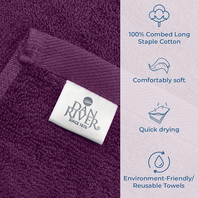DAN RIVER Large Bath Towels Set of 4, 27 x 54 Inches, 600 GSM Larger & Lighter Weight Towels for Bathroom - Highly Absorbent & Quick Dry 100% Cotton Bath Towel Set for Home, Spa, Hotel - PurplePassion
