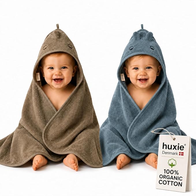 Hooded Baby Towels – 100% Organic Cotton Baby Bath Towels – Baby Boy Newborn Essentials - Super-Soft and Absorbent. (2-Pack Dino Tradewins and Moss Green)