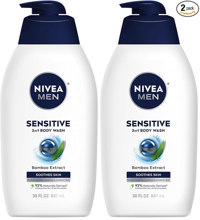 Nivea Men Sensitive Body Wash with Bamboo Extract, Moisturizing Body Wash for Sensitive Skin, Soap Free Shower Gel for Men with No Drying Alcohol, 30 Fl Oz Bottle (Pack of 2)