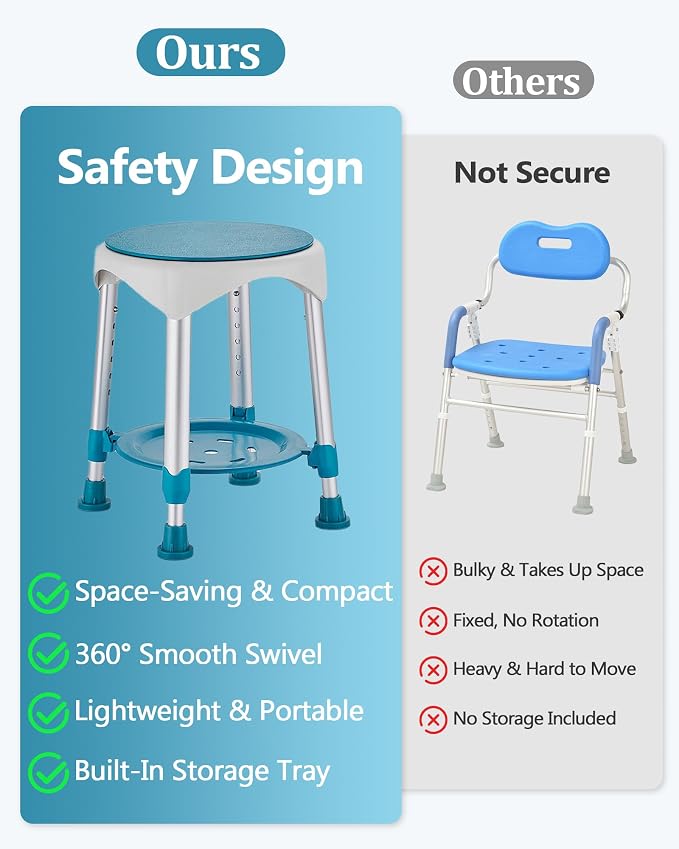 Shower Stool for Inside Shower, Lightweight Compact Shower Chair for Bathtub with Storage Tray, Height Adjustable 360° Swivel Small Shower Chair for Seniors and Adults (Green)