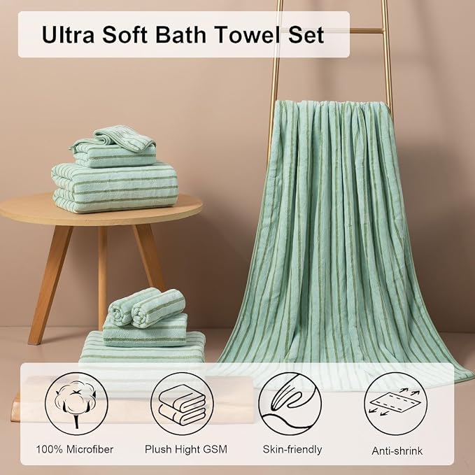 4 Pcs Green Cabana Stripe Large Bath Sheets Soft Polyester Bathroom Towels | Fluffy oversized towel with hang loops absorbent quilck dry easy replacement family dorm sets for home beach pool gym yoga