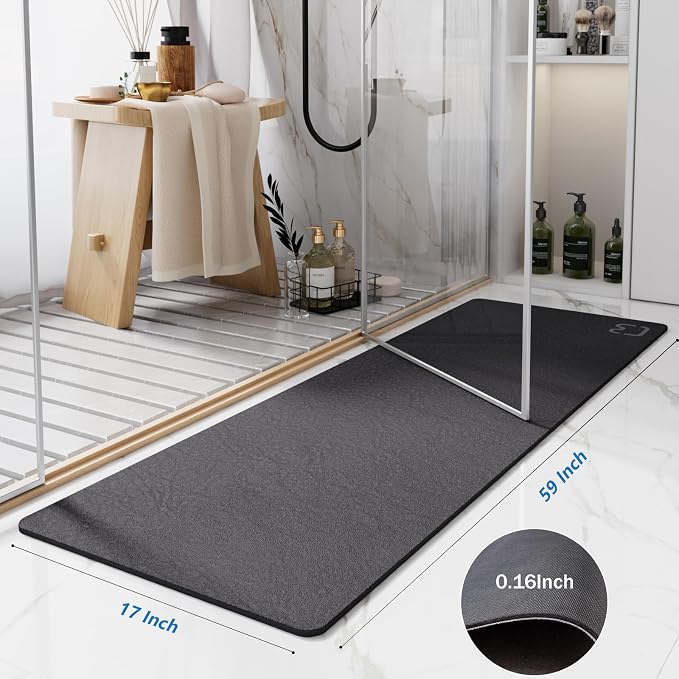 RUERYA Diatomaceous Earth Bath Mat 17" x 59" Extra Long Bathroom Mat Large Fast Dry Super Absorbent Non-Slip Rubber Backed Shower Mat Bath Rugs Mats for Bathroom Floor, Tub, Shower, Sink, Dark Grey
