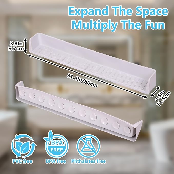 Bathtub Splash Guard for Kids, 2-in-1 Bath Toy Organizer Tub Shelf | Stops bathtub splashes, Keeps floors dry, 11 strong suction cups, Flexible safe silicone, Bonus kids shower cap
