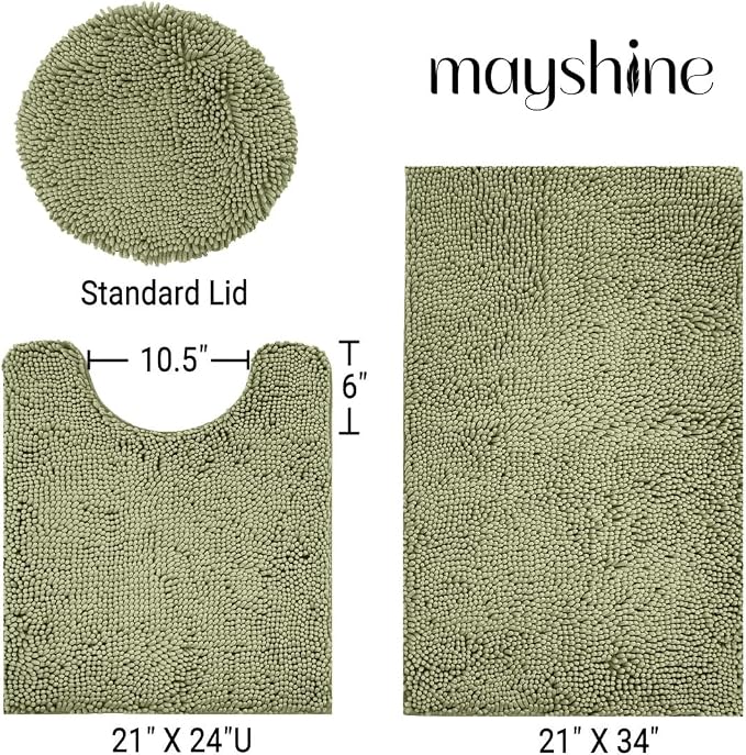 Standard 3pc Set Chenille Bath Mats, Includes 21"x24" U-Shaped Contour Toilet Rug, 21"x34" Inches Bathmat and 1 Toilet Lid Cover, Plush Absorbent Bath Mats Quick Dry, Sage Green