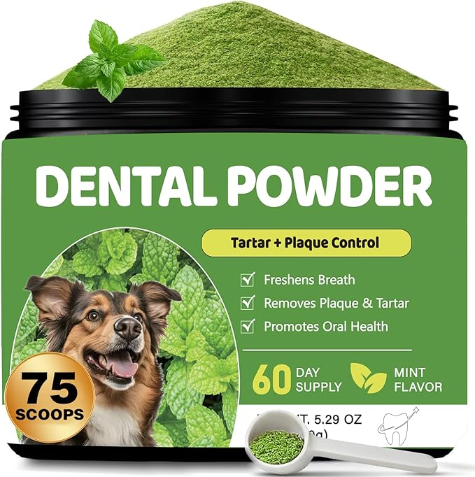 Dog Dental Powder, Teeth Cleaning Powder for Dogs, Plaque & Tartar Remover for Pet Oral Care - Fresh Breath & Teeth Cleaning Made Easy - Natural Herbal Blend + Probiotics - 75 Servings(150g) (Mint)